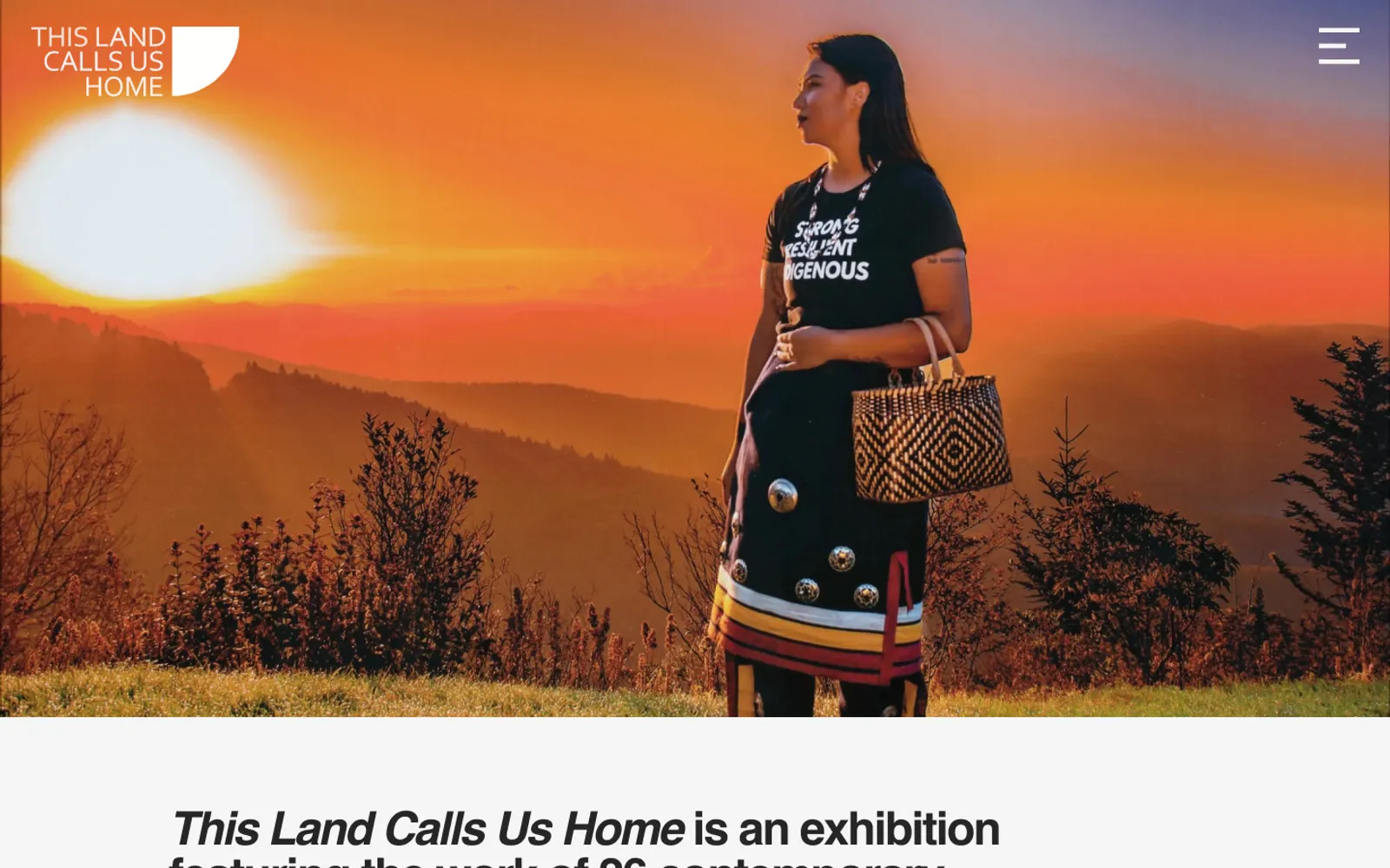 An exhibition microsite opening on a photograph of a woman in a beaded top standing against a sunset landscape.