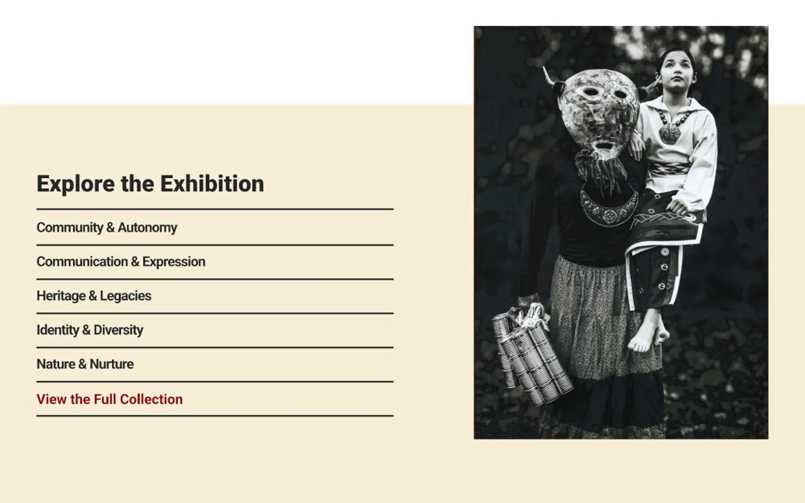 An index of exhibition themes listed beside an archival black-and-white photograph.