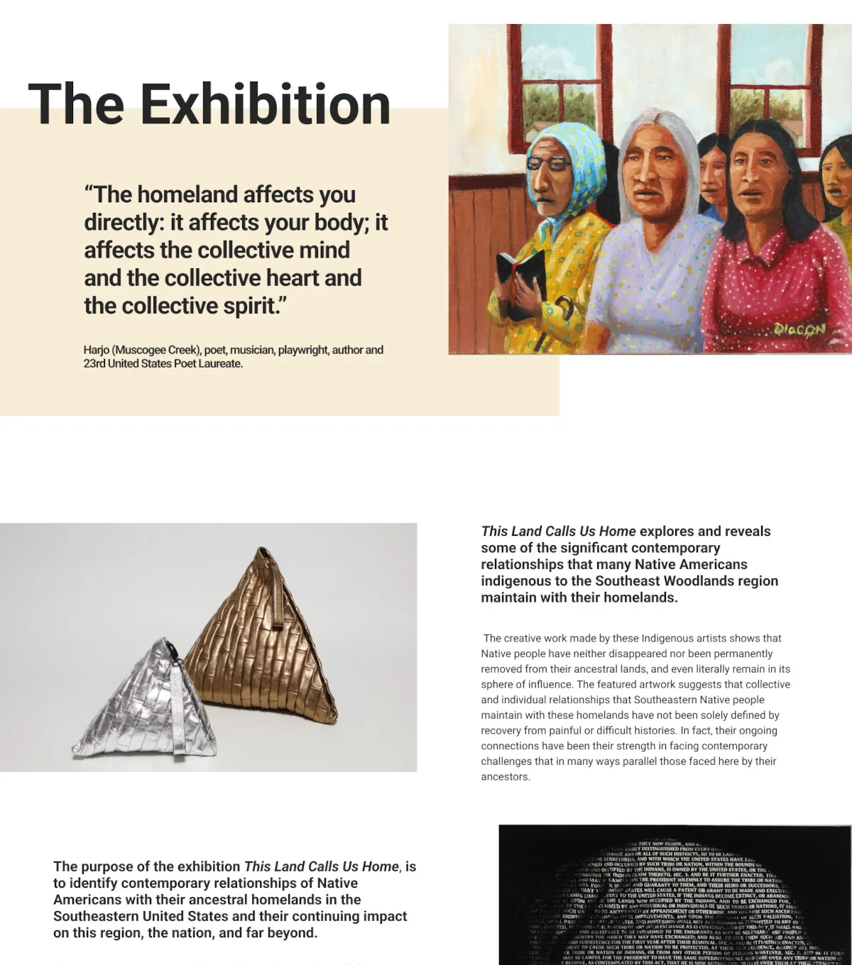 An exhibition statement page opening with a pull quote beside a group portrait painting.