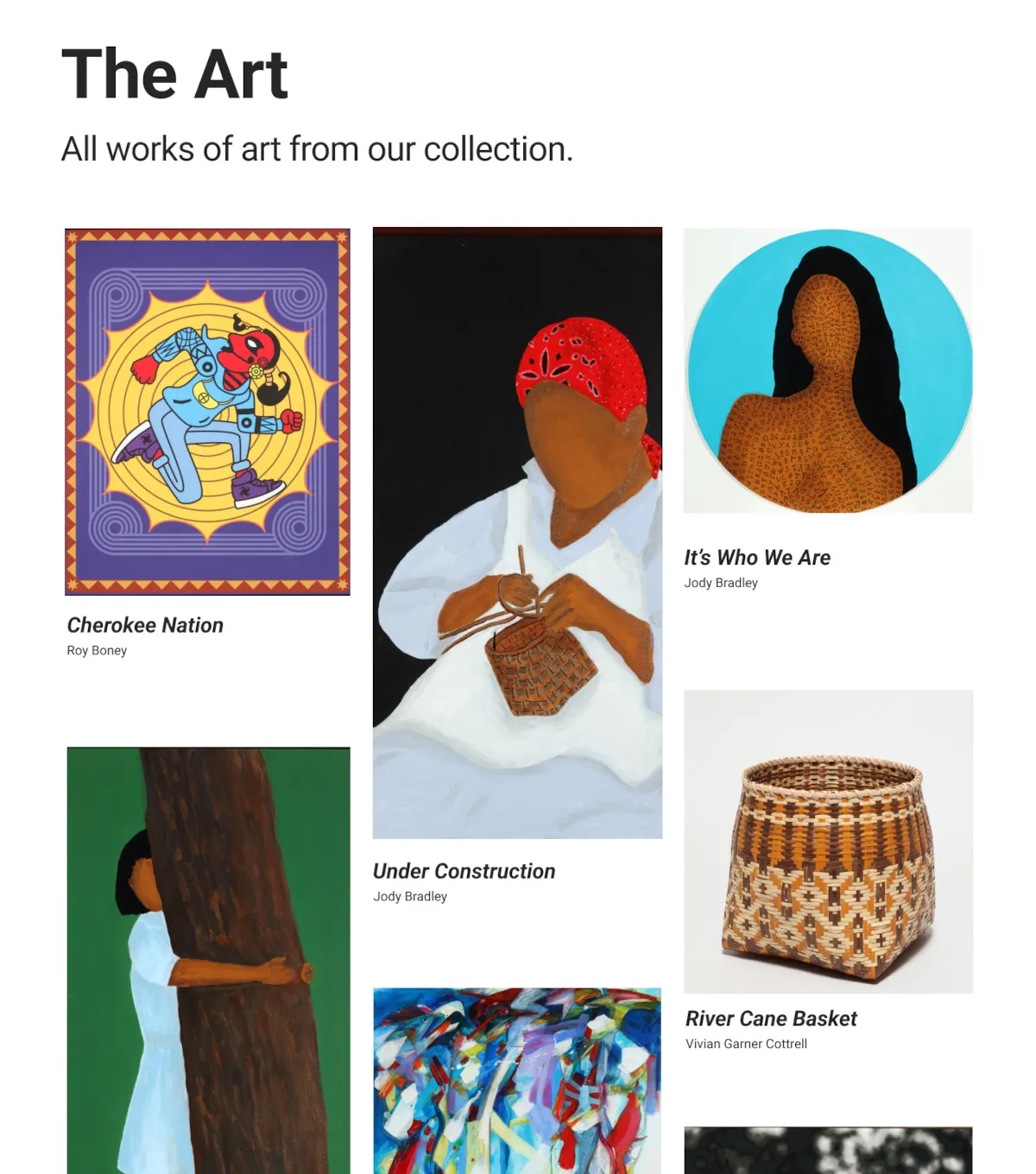A grid of contemporary artworks — paintings, sculpture and basketry — laid out as a browsable collection.