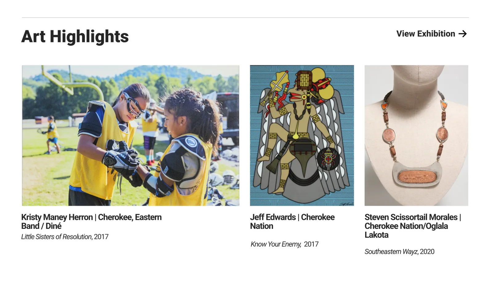A row of highlighted artworks, each captioned with the artist and the title of the piece.
