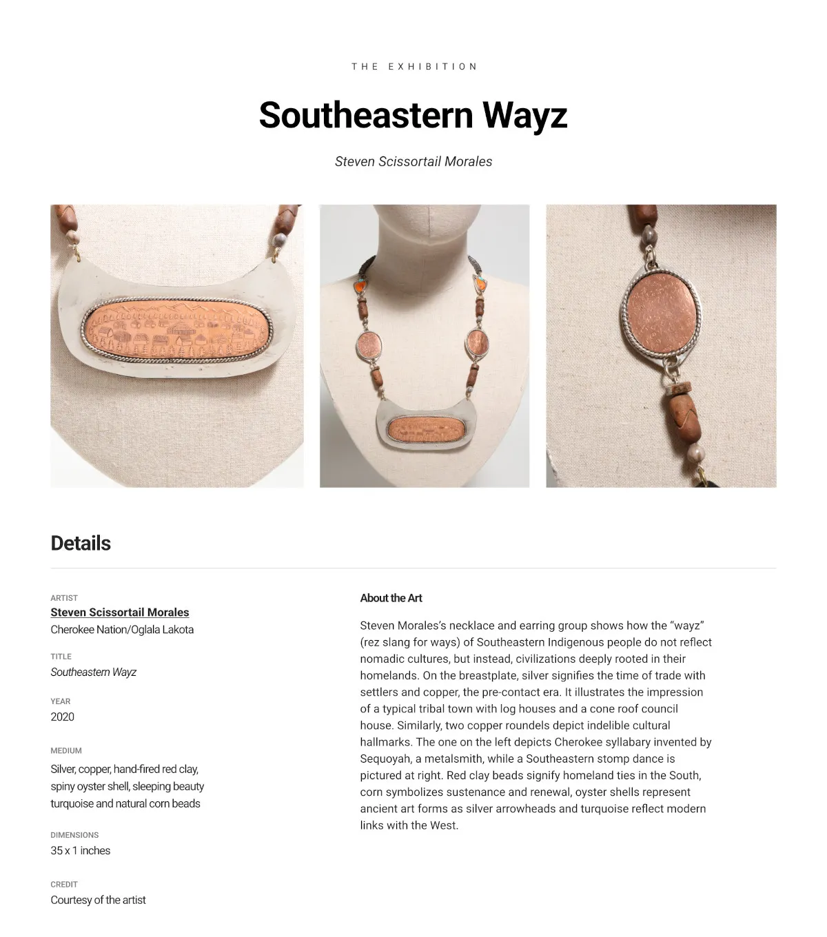 A detail page for a single work, showing beaded jewellery alongside its materials, date and curatorial note.