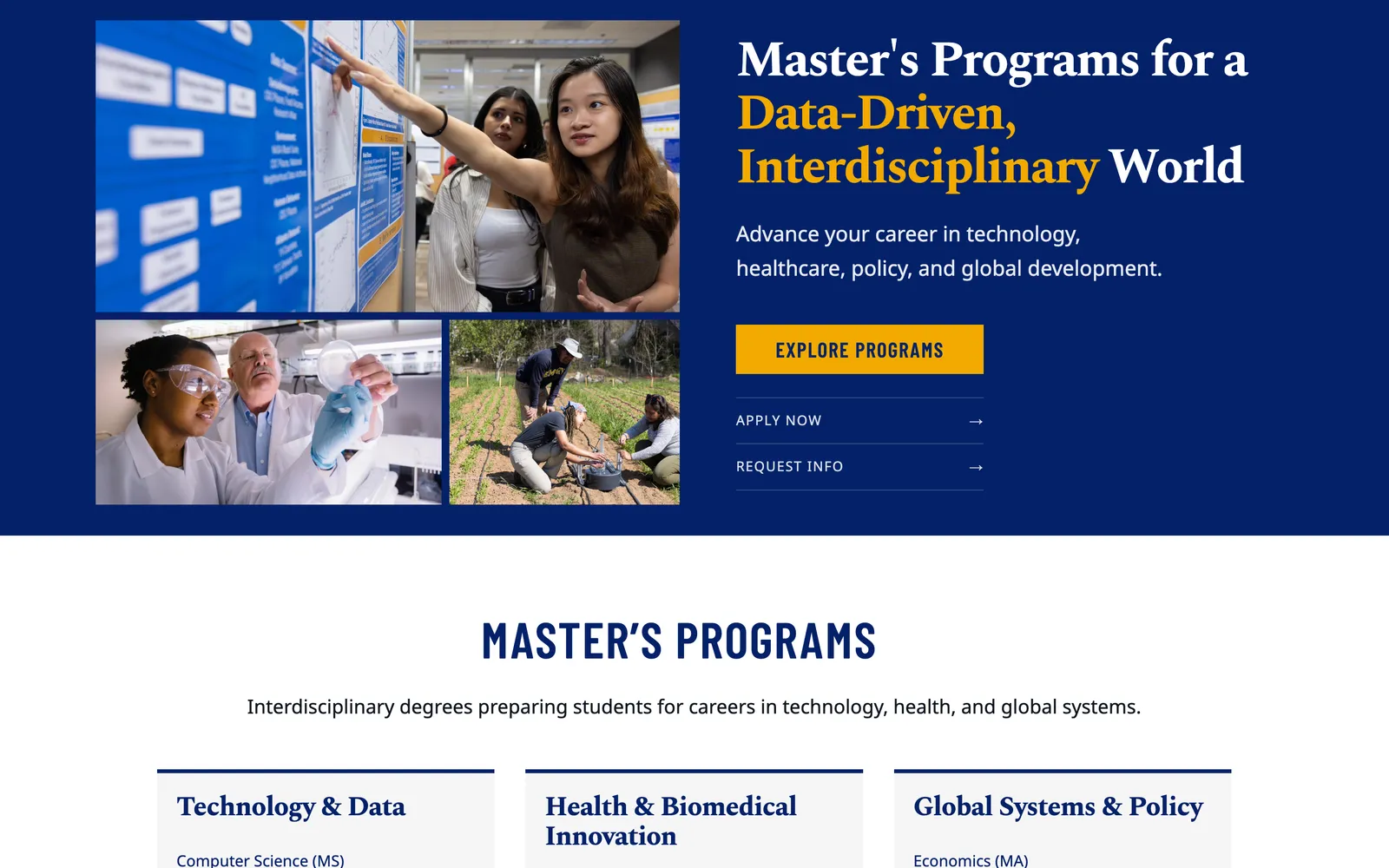 A graduate programmes landing page, with a headline over a photograph and degree areas grouped beneath it.