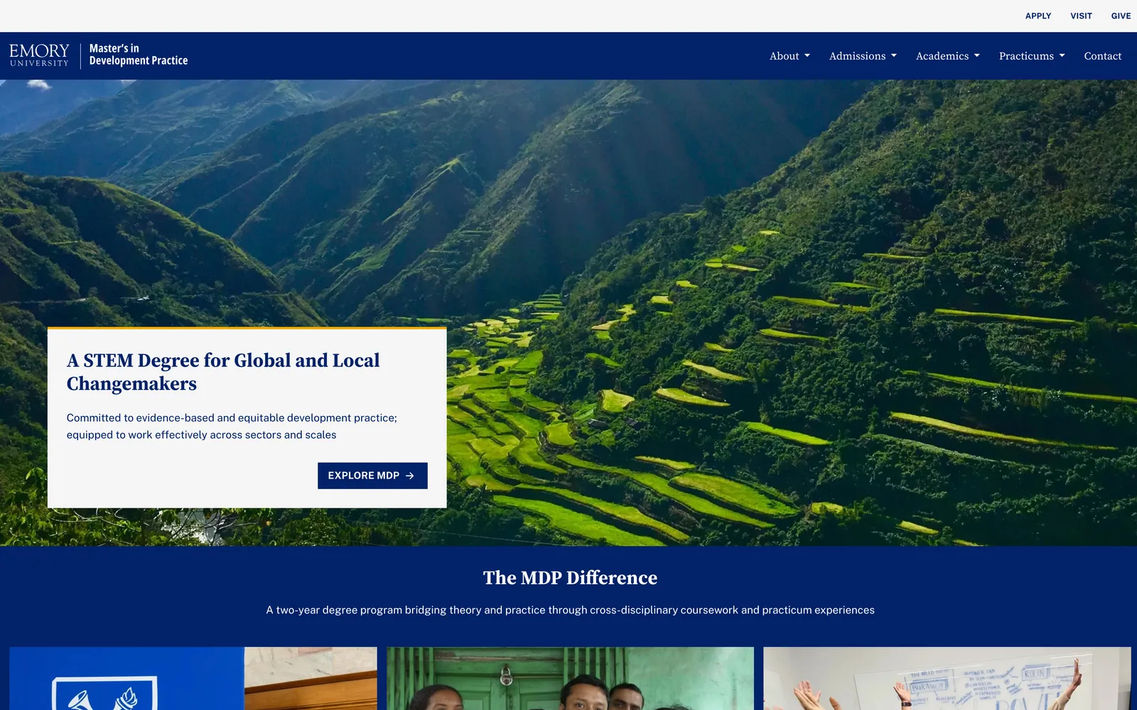 The Emory Master of Development Practice homepage, opening on a wide photograph of terraced hillsides behind an introductory card.