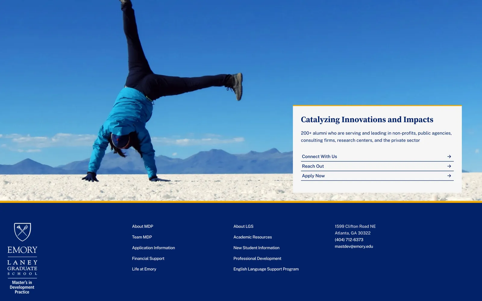A photograph of a person cartwheeling on a salt flat, beside a card describing where the programme’s alumni work.