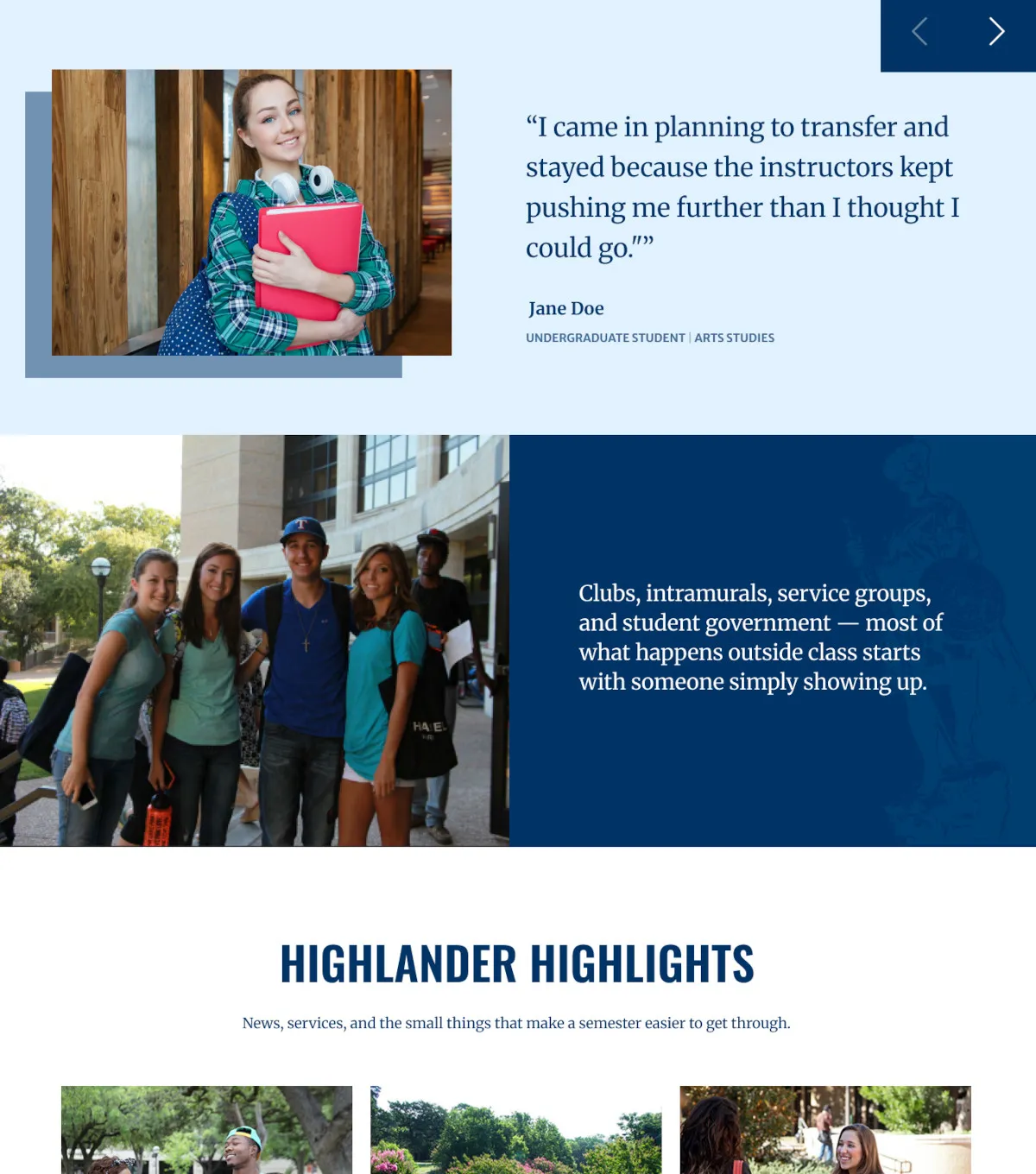 A student quote set above a photograph of students and a short note on clubs and activities.